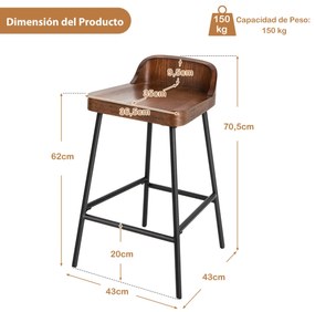 Banco de Bar Alto Banco de Bar 62 cm com Assento e Encosto Cadeira de Altura de Bar Industrial para Sala de Jantar Cozinha Castanho