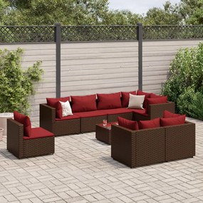 9 pcs conjunto lounge de jardim c/ almofadões vime PE castanho