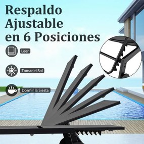 Conjunto de Espreguiçadeira jardim e Mesa de vidro temperado com Encosto ajustável com Rodas para jardim e exterior Cinzenta e Preto