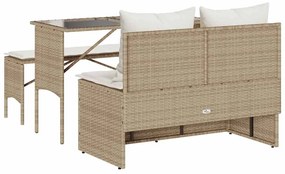 3 pcs conjunto de jantar p/ jardim com almofadões vime PE bege