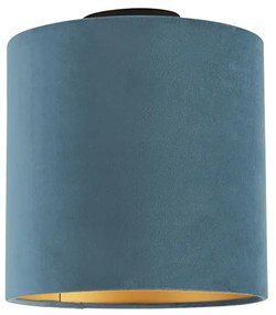 Candeeiro de teto com abajur de veludo azul e dourado 25 cm - Combi Preto Clássico / Antigo