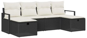 Conjunto de Sofá de Jardim de 6 Peças com Almofadas Preto Polirratã