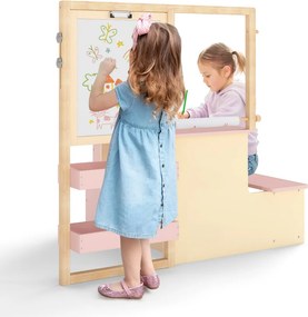 Conjunto de mesa e banco de arte para crianças com cavalete ajustável de dupla face, quadro magnético e rolo de papel Rosa