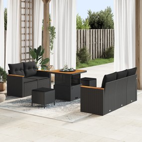 Conjunto de Sofás de Jardim de 8 Peças com Almofadas Preto Rattan Polietileno Acácia