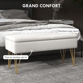 Banco com baú de arrumação 2 em 1 em tecido com pés em forma de alfinete em aço dourado 100 x 40 x 49 cm creme