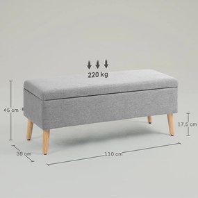 Banco com arrumação estofado com acabamento em linho para quarto, capacidade de 220 kg, 110 x 39 x 45 cm, cinzento