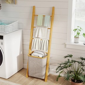 Estante para Casa de Banho de Bambu com 3 Barras e Cesto para Roupa Suja Removível de 48 L 43x35x133 cm Creme e Madeira
