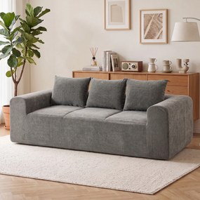 Sofá 3 Lugares em Chenille 220 cm, Sofá de Sala Moderna com Assento e Braços Largos, 3 Almofadas, Cinza