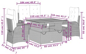 4 pcs conjunto de jantar p/ jardim c/ almofadões vime PE cinza