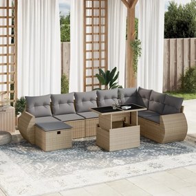 9 pcs conjunto de sofás p/ jardim com almofadões vime PE bege
