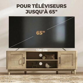 Móvel de TV 135 x 39 x 45 cm, móvel para televisores até 65 polegadas com 2 portas em rattan, 2 compartimentos abertos, cor carvalho