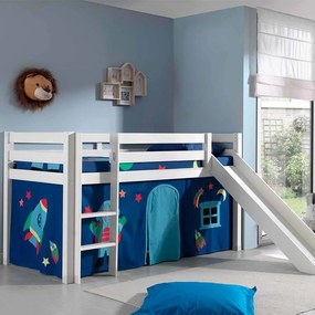 Conjunto Cama alta de Criança PINO 90 x 200 cm + estrado + escada + escorrega + cortina Astronauta branca