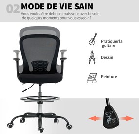 Cadeira de escritório 59 x 62 x 99-119 cm ergonómica com apoio para os pés ajustável e braços rebatíveis, altura regulável, preta