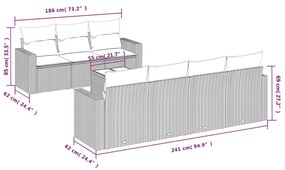 8 pcs conjunto sofás de jardim c/ almofadões vime PE castanho