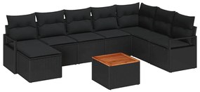 Conjunto de Sofá de Jardim de 9 Peças com Almofadas Preto em Polyratta