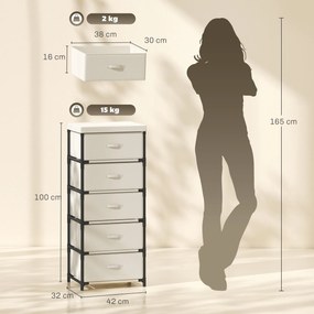 Cómoda de Quarto com 5 Gavetas em Tecido e Estrutura de Aço Gaveteiro para Sala Escritório Bege