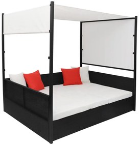 Espreguiçadeira de jardim com toldo 190x130 cm vime PE preto