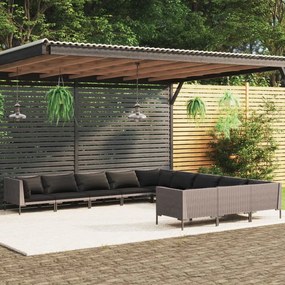 vidaXL 11 pcs conj. lounge jardim c/ almofadões vime PE cinza-escuro