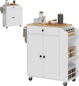 Carrinho Ilha de Cozinha com Rodas com Gaveta Suporte para Temperos de 3 Níveis e Prateleira Ajustável 82x38x86,5 cm  Branco
