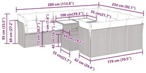 11 pcs conjunto sofás de jardim c/ almofadões vime PE cinzento