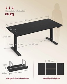 Secretária elétrica ajustável em altura com porta USB-C, 180 x 80 x (72-120) cm Preta