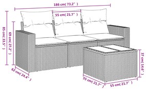 4 pcs conjunto sofás de jardim c/ almofadões vime PE castanho