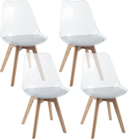 Conjunto de 4 cadeiras de jantar modernas (MESA NÃO INCLUIDA) sem braços com encosto Pernas em madeira de faia Almofada macia branca, cadeiras transpa