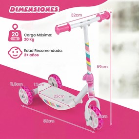 Trotinete Infantil de 3 Rodas, 56 x 32 x 59 cm, Rodas Luminosas LED, Rosa
