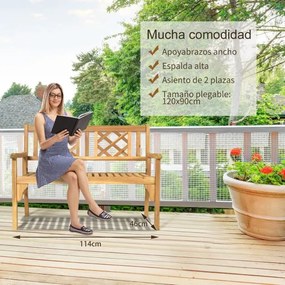 Banco dobrável para jardim Banco de madeira de acácia 120 cm para 2 pessoas com encosto curvo e apoios de braços Cor de teca