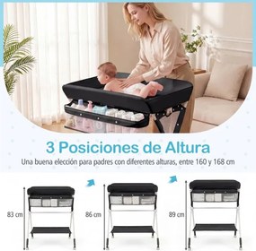 Mesa Trocador fraldas para Bebés Portátil e Dobrável Altura Ajustável 3 Níveis Organizador Móvel com Cesto Prateleira Rodas e Travão Preta