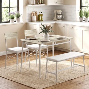 Conjunto de mesa de jantar com 2 cadeiras e um banco, assentos estofados, para sala de estar, espaços pequenos, em cor carvalho e branco