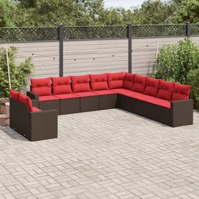vidaXL 11 pcs conjunto sofás de jardim c/ almofadões vime PE castanho