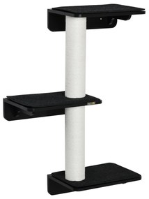 Árvore para Gatos de Parede com 3 Plataformas Almofada Removível e 2 Postes de Arranhar de Juta Torre para Escalar 63x28x93,5cm Preto e Bege