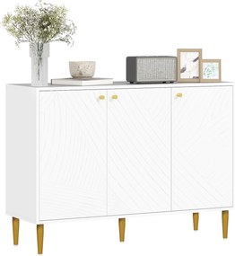 Aparador com 2 armários de 3 portas, prateleiras ajustáveis e pés dourados em aço, 107 x 35 x 77 cm, branco