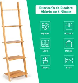 Estante forma de escada de bambu de 5 níveis para sala de estar/cozinha/escritório 43 x 35 x 165 cm Natural