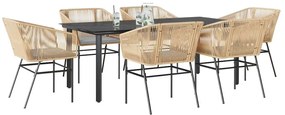 Conjunto jantar jardim 7 peças almofadas vidro vime PE castanho