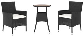 3 pcs conjunto bistrô de jardim c/ almofadões vime PE preto
