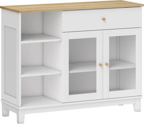 Aparador 2 Portas de Vidro Aparador para Sala Moderno com Gaveta Compartimentos Abertos 100x35x80,3 cm Branco