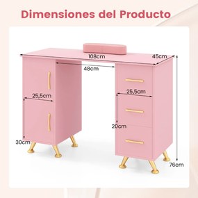 Mesa de manicure com gavetas Apoio para os pulsos Pernas metálicas para salão de beleza 108 x 45 x 76 cm Rosa