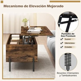 Mesa de centro 100 x 50 x 45 cm elevável com tampo ajustável, amplo compartimento oculto e 3 espaços abertos, com pés em metal Café