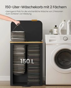Cesto da roupa suja com tampa e saco removível 52 x 38,5 x 75 cm, 150 L, preto