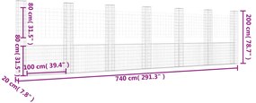 Cesto gabião em forma de U c/ 7 postes 740x20x200 cm ferro
