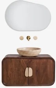 Conjunto De Móvel De Casa De Banho Suspenso 95x45 Cm Em Madeira De Manga E Pedra Natural Kivalina Travertino - Madeira De Mangueira Escura - Sklum