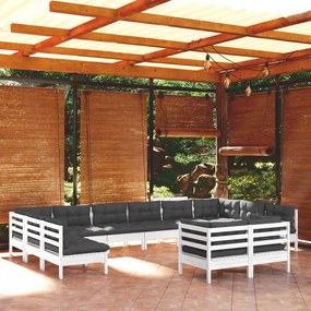 vidaXL 12 pcs conj. lounge de jardim c/ almofadões pinho maciço branco