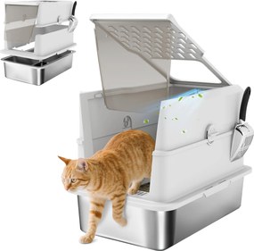 Caixa de areia fechada para gatos, casa de higiene para gatos em aço inoxidável, 60,2 x 40,2 x 43,7 cm, cinzento claro