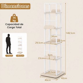 Estante Giratória para Livros de 5 Níveis, 40 x 40 x 148,5 cm, Rotação de 360°, Carvalho Branco