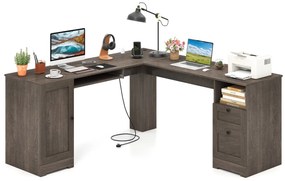 Secretária em forma de L com 2 gavetas, estante ajustável e bandeja para teclado Secretária executiva de canto Cinzento