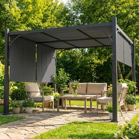 Pérgula de jardim de 3 x 3 m com Tenda deslizante, estrutura metálica, para exterior, cinzento escuro