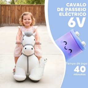 Cavalo Elétrico com Música Bateria 6V Brinquedo Elétrico Toque Suave Rodas Silenciosas de PU Movimento para a Frente 74x34x51 cm Branco