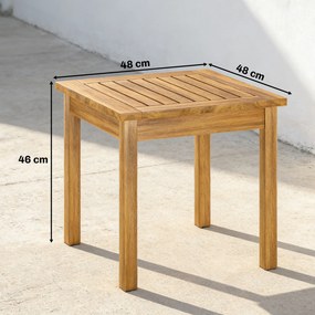 Mesa de jardim quadrada 48 x 48 x 46 cm em madeira maciça de acácia, com tampo de ripas, pés ajustáveis natural